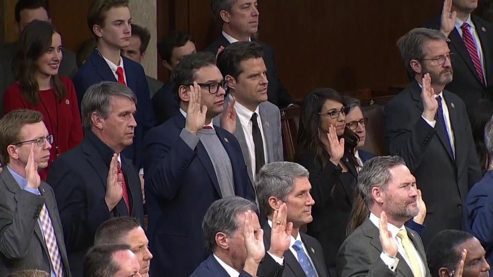 George Santos is sworn in as a member of the 114th Congress on January 7, 2023. The Long Island Republican had already admitted to making up parts of his resume, including his employment history, and claims that he'd graduated from college and was descended from Jewish immigrants who escaped the Nazis.  / Credit: CBS News