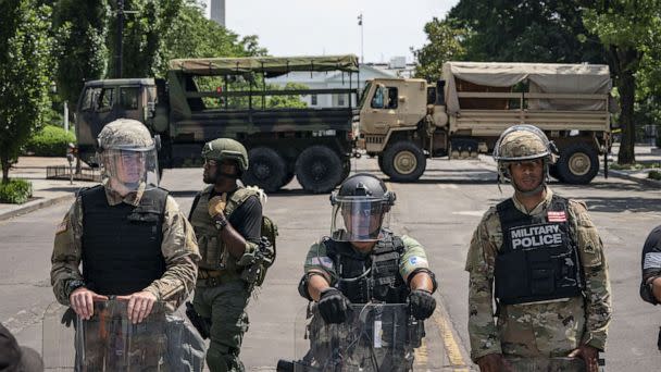 PHOTO: Police forces and National Guard vehicles are used to block 16th Street near Lafayette Park and the White House on June 3, 2020. (Drew Angerer/Getty Images)