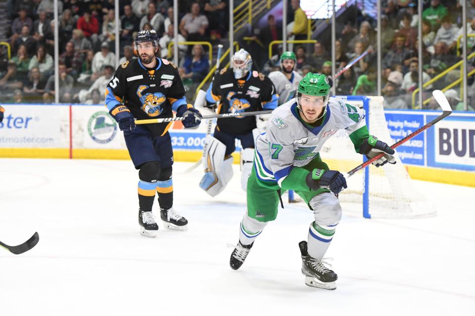 Florida Everblades forward Matteo Gennaro chases the puck during Game 3 of the 2022 ECHL Kelly Cup Finals at Herta Arena Wednesday.