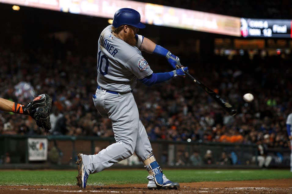 Justin Turner of the Los Angeles Dodgers crushes a crucial two-run home run against the San Francisco Giants (Getty Images)