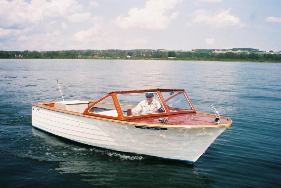 Norval Horner, president of Gulf Lake Watershed Society, in his boat at Gull Lake. Horner is working with the province to restart pumping water into Gull Lake to improve its water levels. 