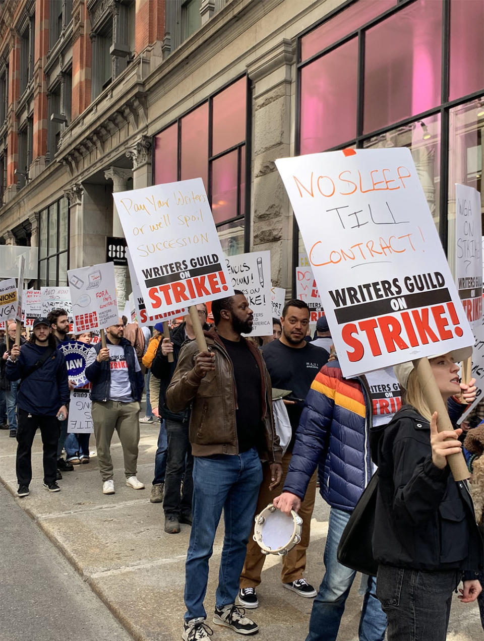 WGA protestors and other union members picket Netflix's office in Manhattan on May 3, 2023.