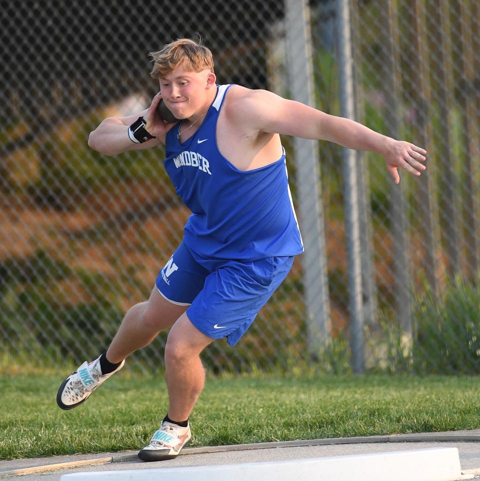 Windber's Blake Klosky sets to throw the shot put during the District 5 Class 2A Track and Field Championships, Wednesday, at Northern Bedford High School.