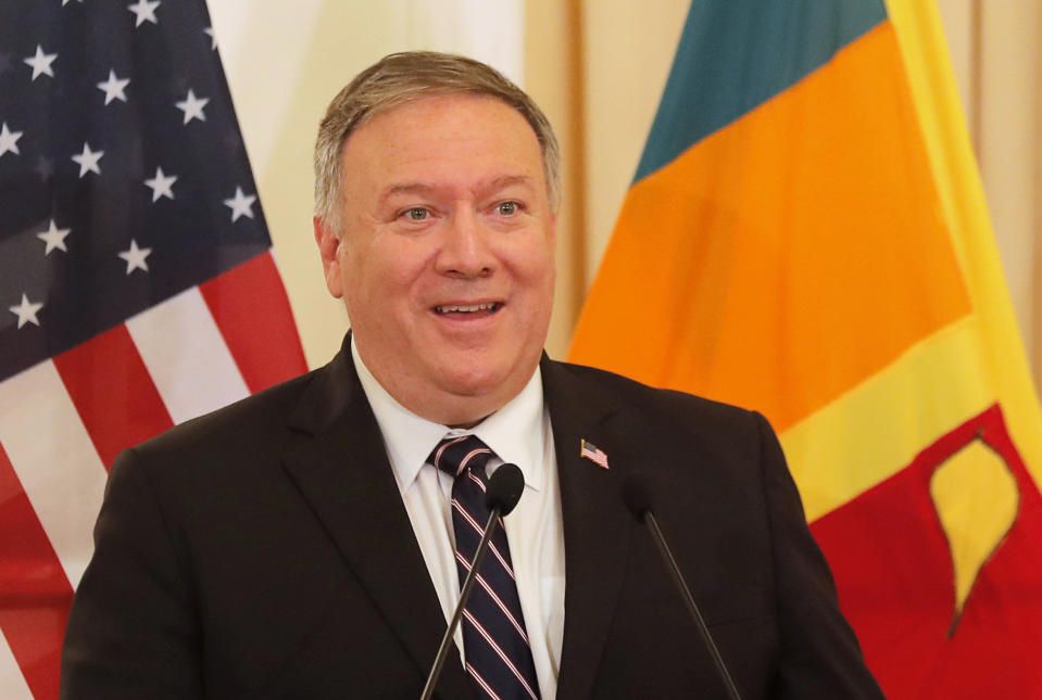 U.S. Secretary of State Mike Pompeo speaks during a joint press briefing with Sri Lankan Foreign Minister Dinesh Gunawardena in Colombo, Sri Lanka, Wednesday, Oct. 28, 2020. Pompeo plans to press Sri Lanka to push back against Chinese assertiveness, which U.S. officials complain is highlighted by predatory lending and development projects that benefit China more than the presumed recipients. The Chinese Embassy in Sri Lanka denounced Pompeo’s visit to the island even before he arrived there, denouncing a senior U.S. official’s warning that the country should be wary of Chinese investment. (AP Photo/Eranga Jayawardena)