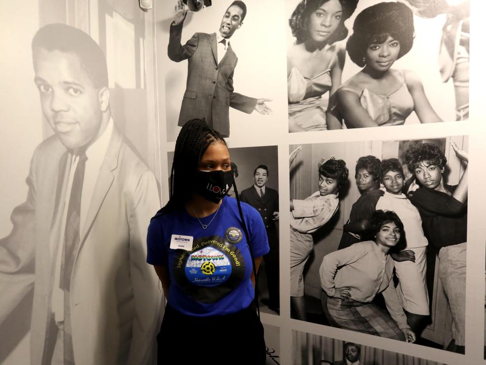 Tour guide Jamia Henry, 19, awaits a tour group at the Motown Museum. The Detroit museum opened on July 15, 2020, after being shut down during the coronavirus pandemic.