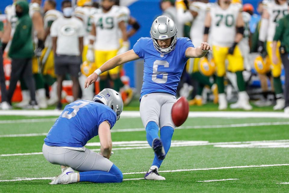 Lions kicker Riley Patterson attempts a field goal during the first half of the Lions' 37-30 win over the Packers on Sunday, Jan. 9, 2022, at Ford Field.