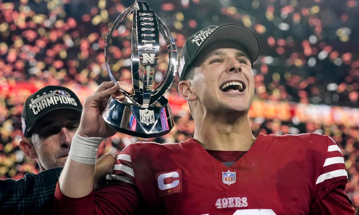 <span>Brock Purdy celebrates the San Francisco 49ers’ victory in this season’s NFC Championship Game, which set up their Super Bowl date with the Kansas City Chiefs. </span><span>Photograph: Godofredo A Vasquez/AP</span>