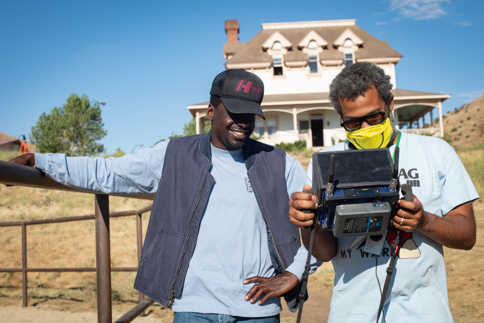 Left to right: Daniel Kaluuya and Writer/Director/Producer Jordan Peele on the set of NOPE (Universal Pictures)