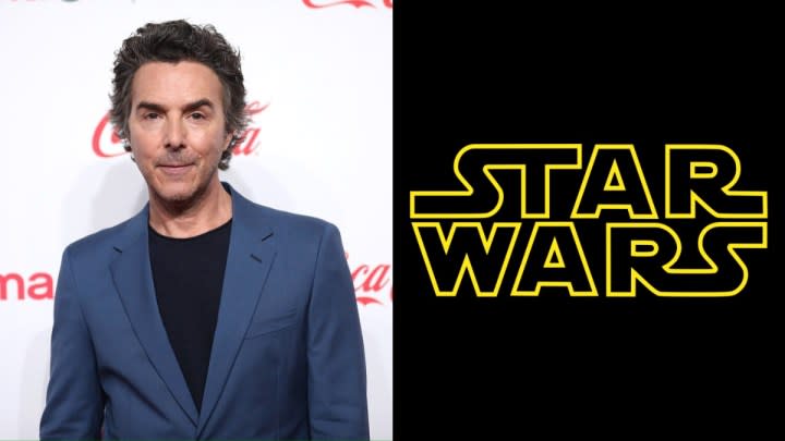 Shawn Levy poses for a photo on the left, and the Star Wars logo is located on the right.