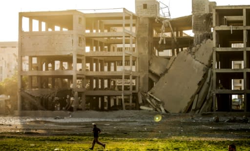 A picture taken on July 14, 2018 shows a building that was damaged by an Israeli air strike in Gaza City