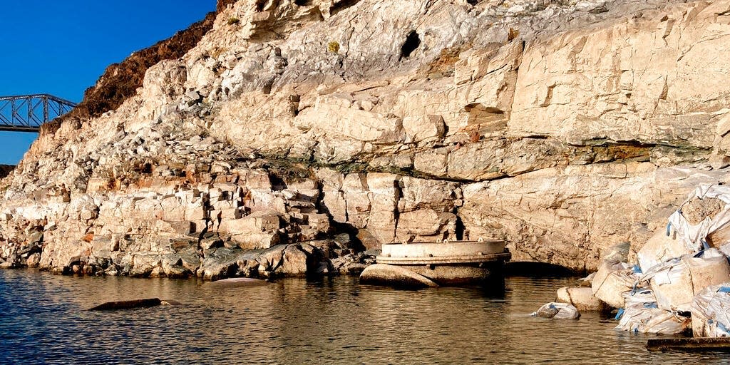 This photo taken Monday, April 25, 2022, by the Southern Nevada Water Authority shows the top of Lake Mead drinking water Intake No. 1 above the surface level of the Colorado River reservoir behind Hoover Dam.