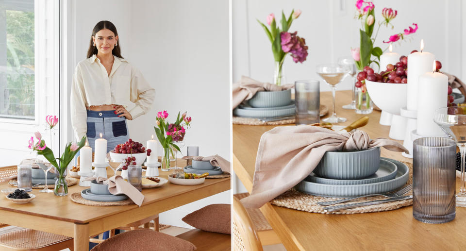 Brie Turton stands with her decorated table (left) and the Big W products on the table shown closer up (right).