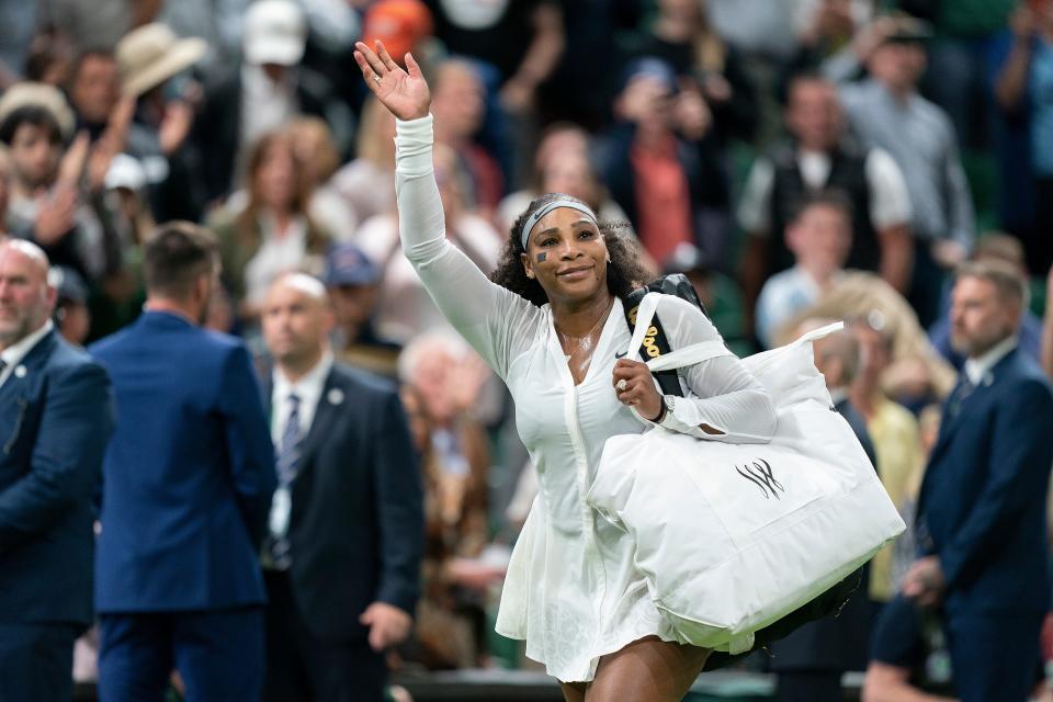 Serena Williams leaves Centre Court after her first-round loss against Harmony Tan.