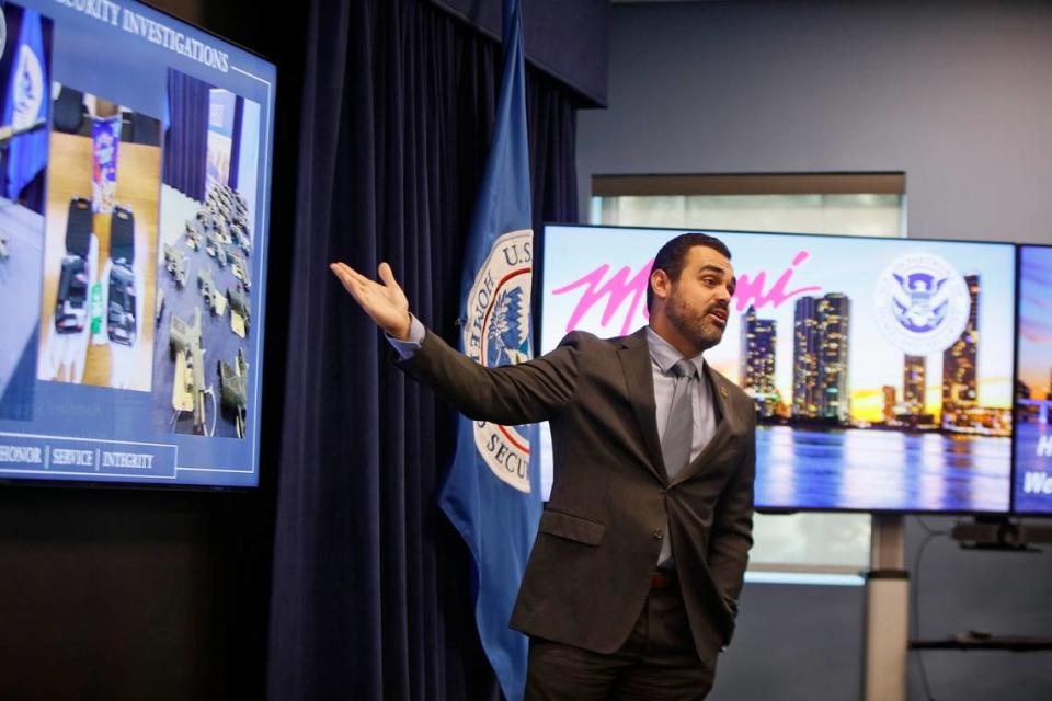 Rafael Quinquilla, Assistant Special Agent in Charge talks during a meeting that discusses Homeland Security Investigations efforts in combating weapons trafficking, human smuggling, child exploitation, and other illicit activities in Haiti, on Friday, May 3rd, at the Homeland Security Investigations office in Miami.