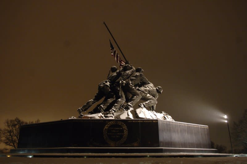 The Iwo Jima Memorial is covered by snow in Arlington, Va., on January 28, 2007. On February 19, 1945, U.S. Marines landed on the island of Iwo Jima, opening one of the major battles in the Pacific during World War II. File Photo by Kevin Dietsch/UPI