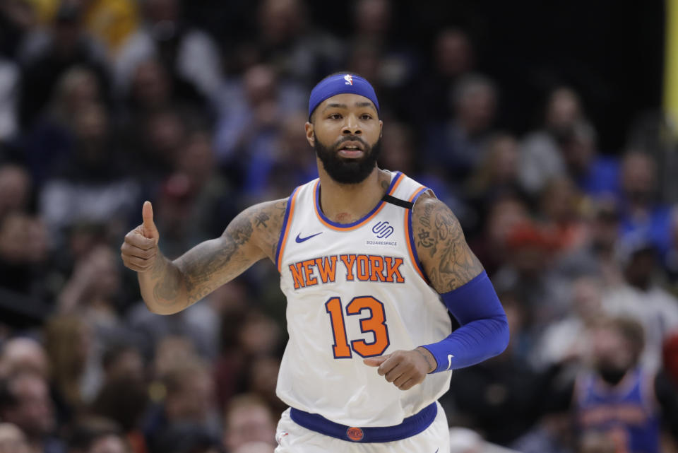 New York Knicks' Marcus Morris Sr. reacts during the second half of the team's NBA basketball game against the Indiana Pacers, Saturday, Feb. 1, 2020, in Indianapolis. New York won 92-85. (AP Photo/Darron Cummings)