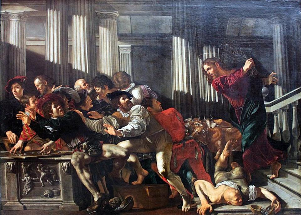 <span class="caption">Caravaggio’s depiction of Christ driving money changers out of the temple.</span> <span class="attribution"><a class="link " href="https://commons.wikimedia.org/wiki/File:1610_Cecco_del_Caravaggio_Christ_expulses_money_changers_anagoria.JPG" rel="nofollow noopener" target="_blank" data-ylk="slk:Wikimedia Commons;elm:context_link;itc:0;sec:content-canvas">Wikimedia Commons</a>, <a class="link " href="http://artlibre.org/licence/lal/en" rel="nofollow noopener" target="_blank" data-ylk="slk:FAL;elm:context_link;itc:0;sec:content-canvas">FAL</a></span>