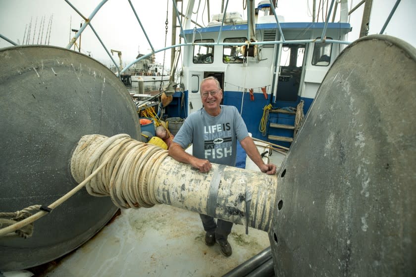 SANTA BARBARA, CA -SEPTEMBER 24, 2021: Gary Burke, 75, is photographed abroad his 50 foot fishing vessel, "Tytan," docked at Santa Barbara Harbor. Burke is one of the last swordfish gill netters still operating in the United States. Under state law, swordfish gill netting will become illegal in 2024, and Congress will soon make it a federal crime. But Burke has filed a lawsuit against the California Dept. of Fish and Wildlife as part of an effort to continue the business he started in the early 1980's. (Mel Melcon / Los Angeles Times)