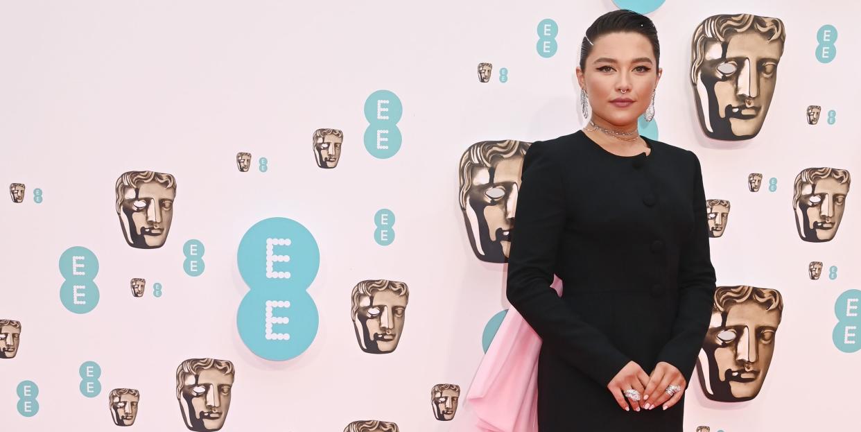 Photo credit: Florence Pugh wearing Carolina Herrera by Wes Gordon at the BAFTAs earlier this year. Courtesy of Carolina Herrera.