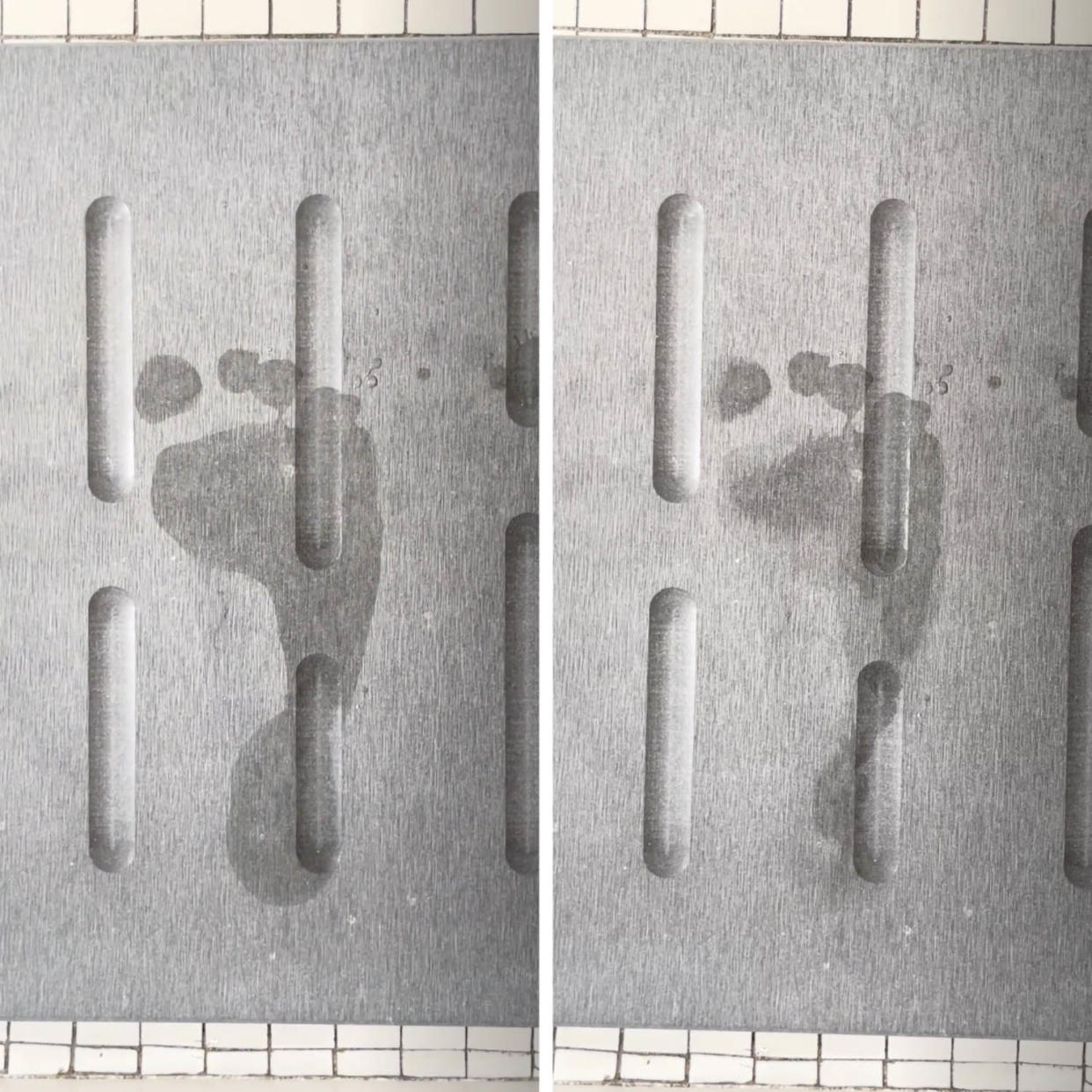 Side-by-side image of wet footprint drying on bath mat (Courtesy Zoe Malin)