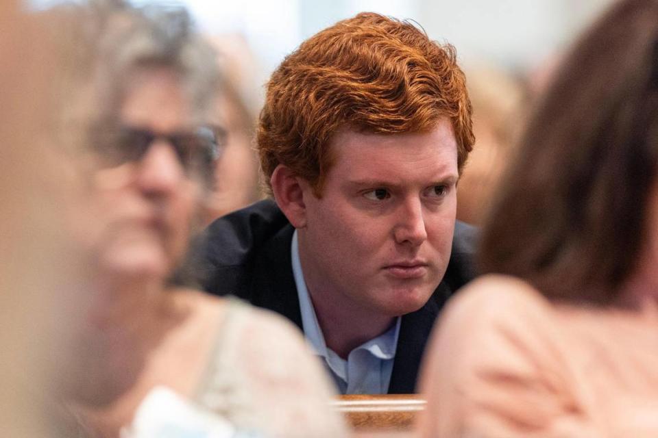 Buster Murdaugh listens to his father, Alex Murdaugh’s, recorded interview where he describes a suicide attempt he planned during his trial for murder at the Colleton County Courthouse on Thursday, February 16, 2023. Joshua Boucher/The State/Pool