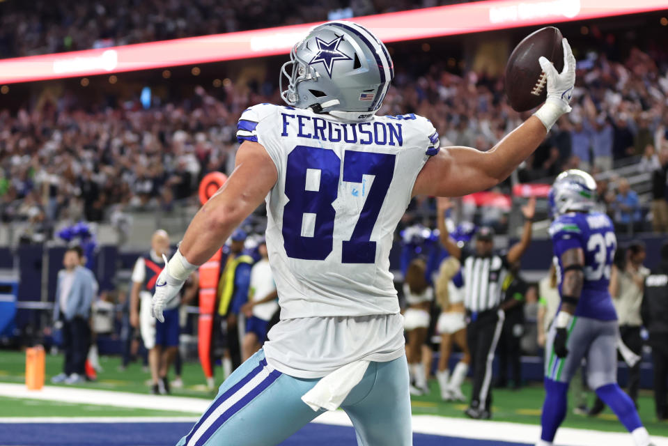 Nov 30, 2023; Arlington, Texas, USA; Dallas Cowboys tight end Jake Ferguson (87) celebrates after a touchdown catch during the second half against the Seattle Seahawks at AT&T Stadium. Mandatory Credit: Tim Heitman-USA TODAY Sports