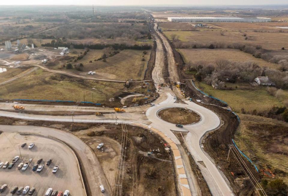 Upgrades to the roads, including West 103rd Street near the construction site of Panasonic’s new $4 billion lithium-ion battery manufacturing plant were ongoing Wednesday, Jan. 2, 2024, in De Soto Kansas.