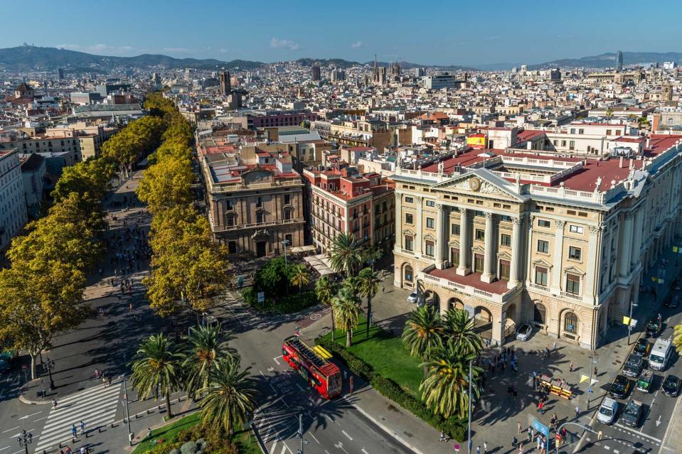 Aerial view of Las Ramblas from Mirador de Colom, Barcelona, Spain.