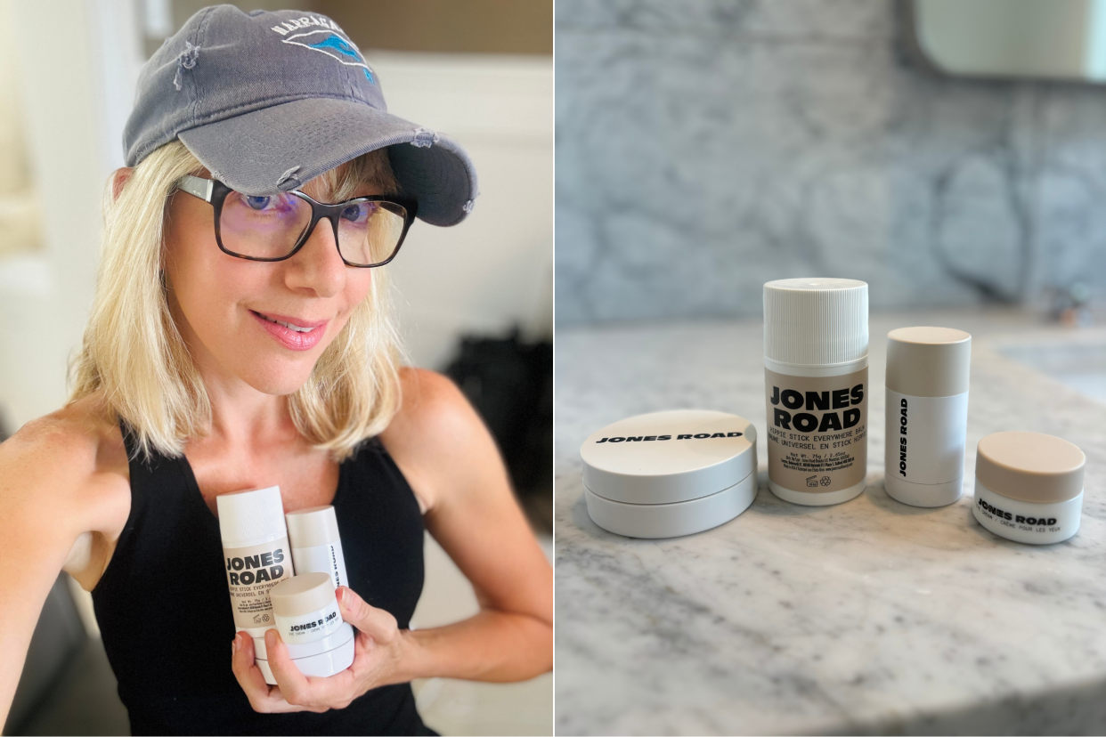 jones road review, split screen of blonde woman in glasses wearing baseball cap holding jones road beauty, four jones road beauty products