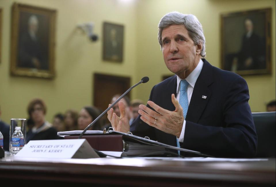 Secretary of State John Kerry testifies on Capitol Hill in Washington, Wednesday, March 12, 2014, before the House Appropriations subcommittee on State, Foreign Operations, and Related Programs Budget hearing. Kerry sais he will travel to London to meet Russian Foreign Minister Sergey Lavrov on Friday in a last-ditch bid to avert a new crisis over Ukraine. (AP Photo/Charles Dharapak)