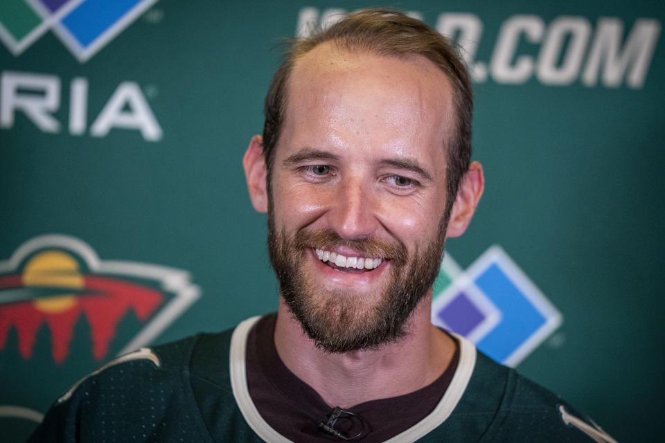 New Minnesota Wild defenseman Alex Goligoski speaks during an NHL hockey press conference, Wednesday, July 28, 2021, in St. Paul, Minn. (Leila Navidi/Star Tribune via AP)