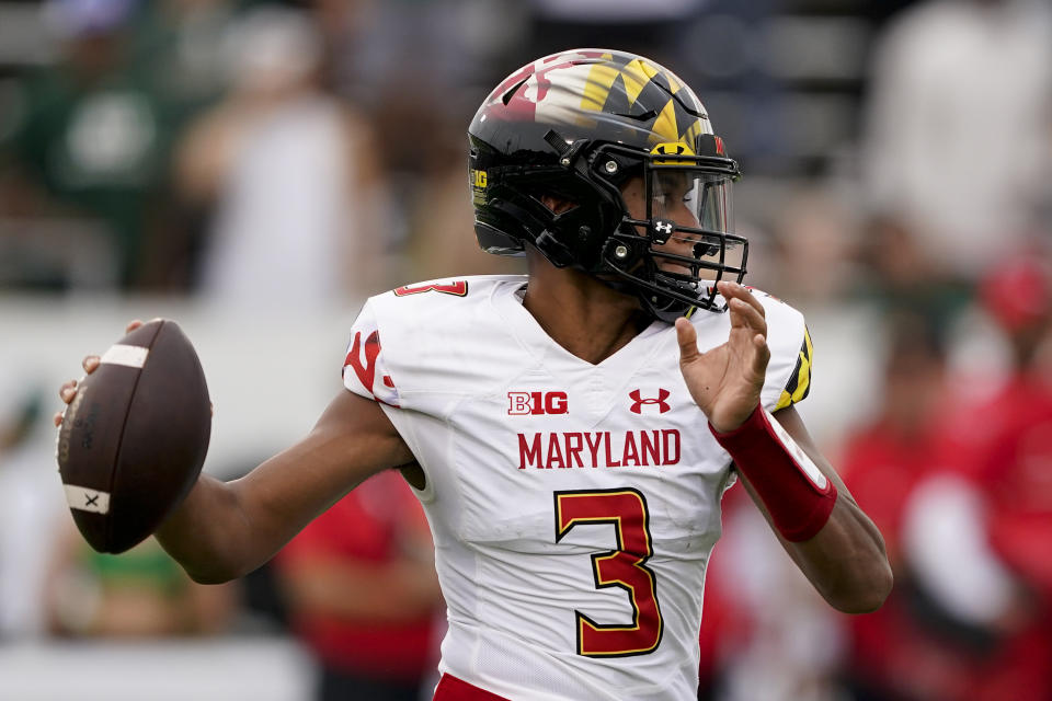 Maryland quarterback Taulia Tagovailoa passes against Charlotte during the first half of an NCAA college football game on Saturday, Sept. 10, 2022, in Charlotte, N.C. (AP Photo/Chris Carlson)