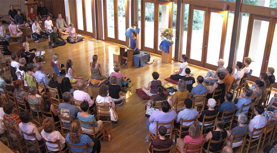 This photo shows Tara Brach leading a meditation class at the River Road Unitarian Universalist Church in Bethesda, Maryland on March 23, 2012. Research shows a daily meditation practice can reduce anxiety, improve overall health and increase social connections, among other benefits. (Jonathan Foust/River Road Unitarian Universalist Church via AP)