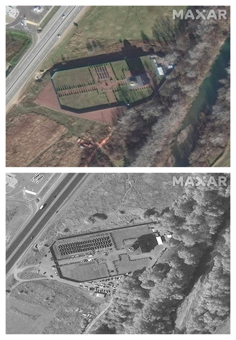 This combination of satellite images provided by Maxar Technologies shows an increase in graves at the Wagner cemetery in Bakinskaya, Russia from Dec. 10, 2021 to Sept. 25, 2023. (Maxar Technologies via AP)