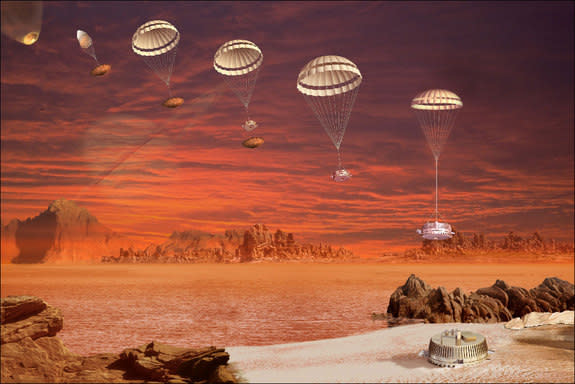 This image is an artist's impression of the descent and landing sequence followed by ESA's Huygens probe that landed on Titan. The Jan. 14, 2005 landing was the culmination of a 22-year process of planning, organizing and cooperation between ES