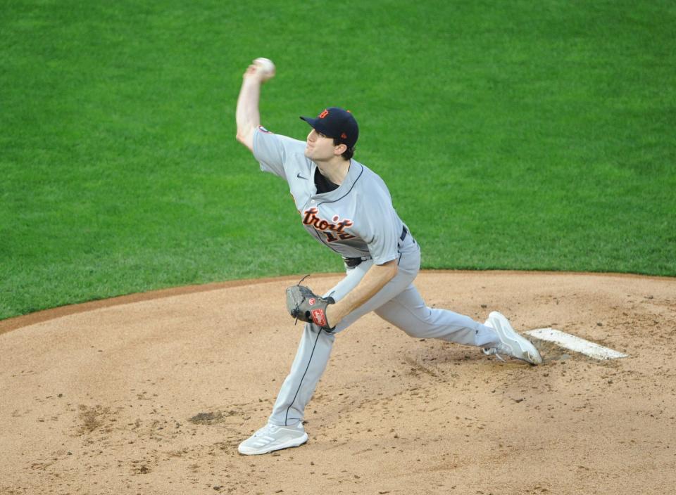 Detroit Tigers pitcher Casey Mize delivers Sept. 23, 2020, a pitch during the first inning against the Minnesota Twins at Target Field in Minneapolis.