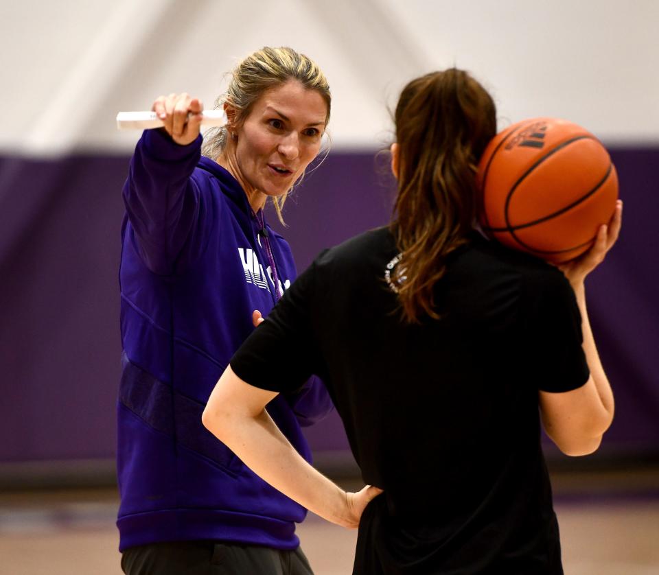 Holy Cross women's basketball coach Maureen Magarity instructs during a recent practice.