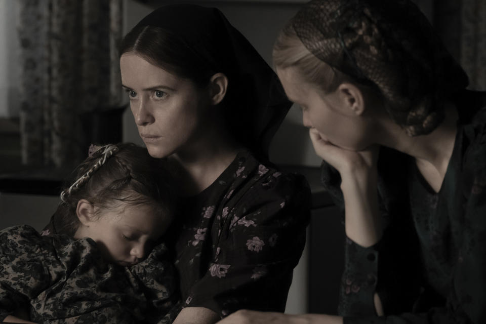 This image released by United Artists shows Emily Mitchell, from left, Claire Foy and Rooney Mara in a scene from "Women Talking." (Michael Gibson/Orion - United Artists Releasing via AP)