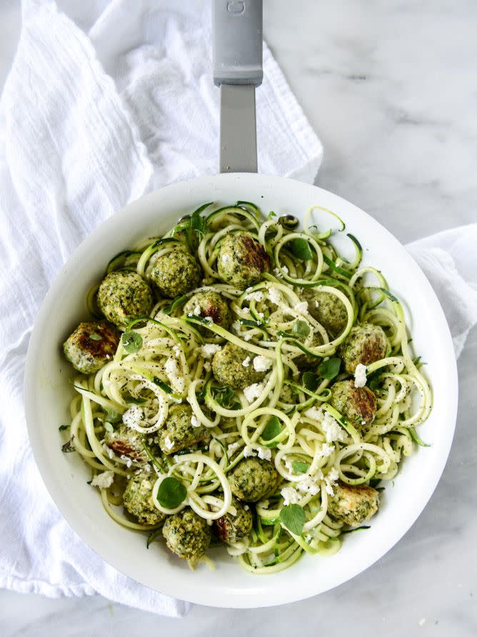 Zoodles with Chicken, Feta and Spinach Meatballs