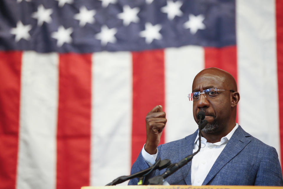 Sen. Raphael Warnock, D-Ga., speaks to students and supporters at the UGA Chapel, in Athens, Ga., on Thursday, Oct. 20, 2022. (Joshua L. Jones/Atlanta Journal-Constitution via AP)