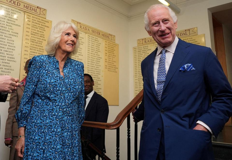 PHOTO: Britain's King Charles, Patron of the Royal Academy of Dramatic Art and Queen Camilla visit RADA in London, May 29, 2024.  (Jordan Pettitt/Pool via Reuters)