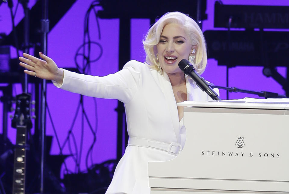 FILE--In this Oct. 21, 2017, file photo, Lady Gaga performs during a hurricanes relief concert in College Station, Texas. The Recording Academy’s Task Force on Diversity and Inclusion is a launching a new initiative announced Friday, Feb. 1, 2019, to create and expand more opportunities to female music producers and engineers. More than 200 musicians, labels and others have already pledged, including Lady Gaga, Justin Bieber, Pearl Jam, Pharrell and Ariana Grande. (AP Photo/LM Otero, File)