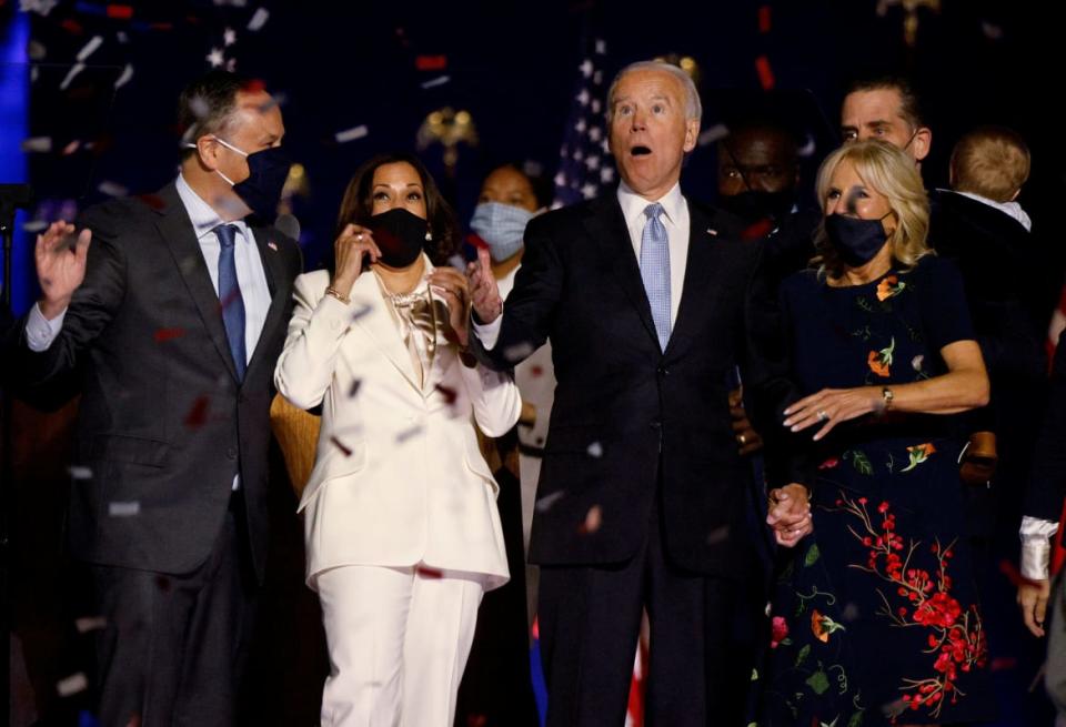 <div class="inline-image__caption"><p>Democratic 2020 U.S. presidential nominee Joe Biden and his wife, Jill, and Democratic 2020 U.S. vice presidential nominee Kamala Harris and her husband, Doug, reacted to confetti at their socially distant victory rally in Wilmington, Delaware, November 7, 2020.</p></div> <div class="inline-image__credit">Jim Bourg/Reuters</div>