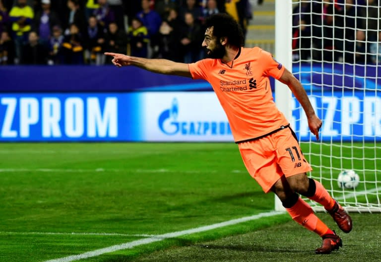 Liverpool's Mohamed Salah celebrates after scoring a goal during their UEFA Champions League Group E first leg match, at the Ljudski vrt Stadium in Maribor, Slovenia, on October 17, 2017