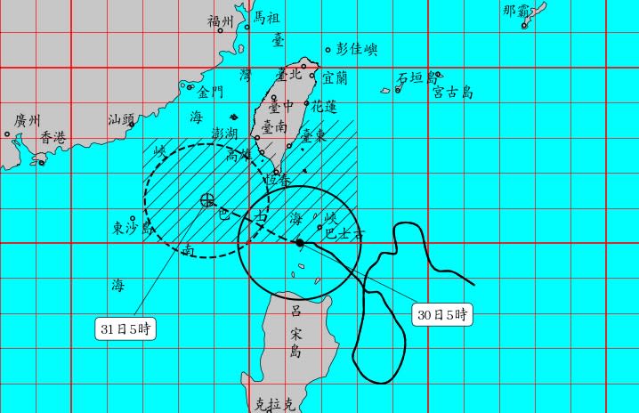 氣象局發布強烈颱風蘇拉海上陸上颱風警報，暴風圈進入巴士海峽近海，對屏東及恆春半島將構成威脅。（圖：氣象局網站）