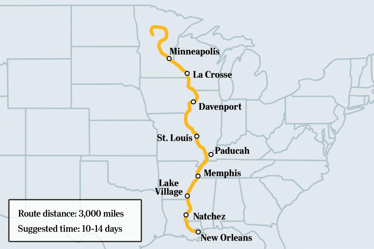 great river road route map with some noted cities