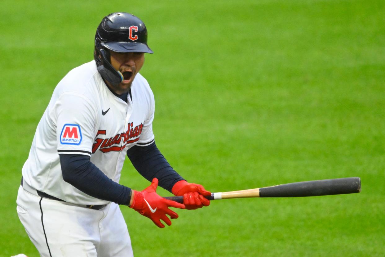 Guardians designated hitter Josh Naylor celebrates his two-run home run in the fifth inning against the Oakland Athletics, April 20, 2024, in Cleveland.