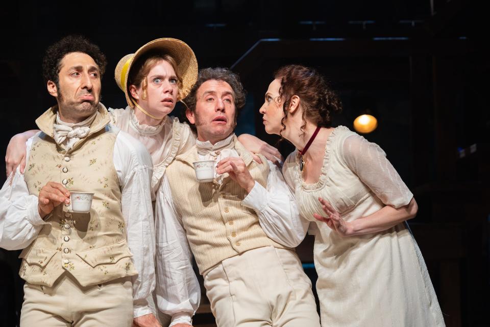 Actors, left to right,  Chris Tramantana, Charlotte Bydwell, Drew Hirshfield and Katie Hartke in a scene from "Sense and Sensibility" at the Cape Playhouse in Dennis.