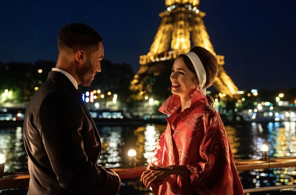 lucien laviscount as alfie, lily collins as emily in episode 205 of emily in paris