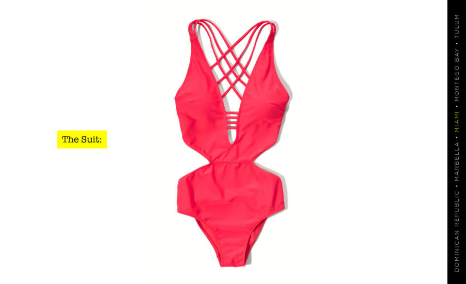 Abercrombie & Fitch Deep V One-Piece Swimsuit in Red, $48, abercrombie.com
